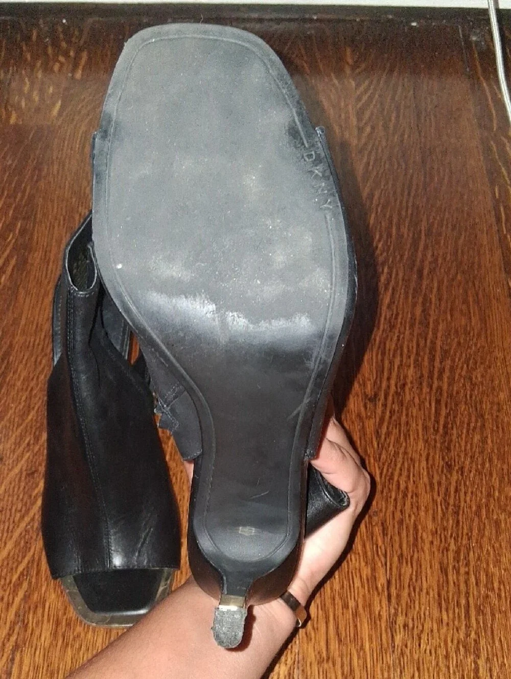 DKNY Black Leather Peep-Toe Ankle Booties with Gold Trim